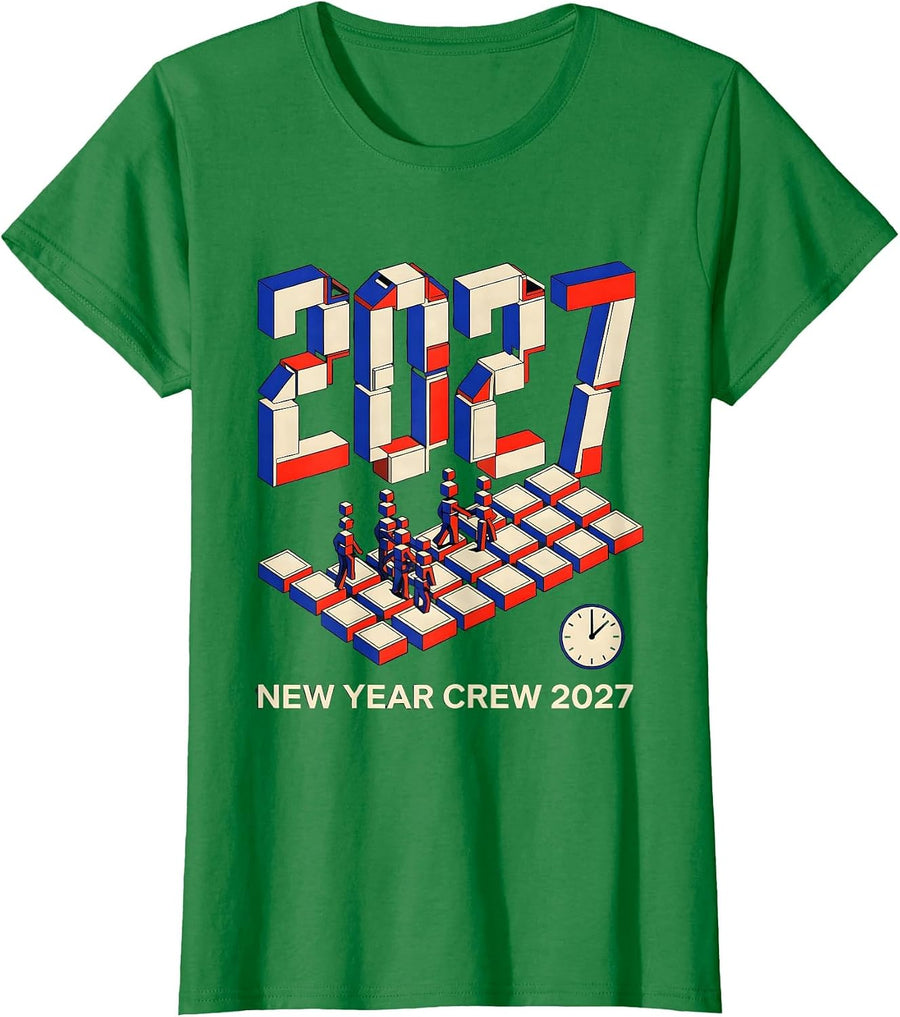 Women's New Year Crew 2027 Geometric Family Matching Party Keepsake T-Shirt - Kelly Green