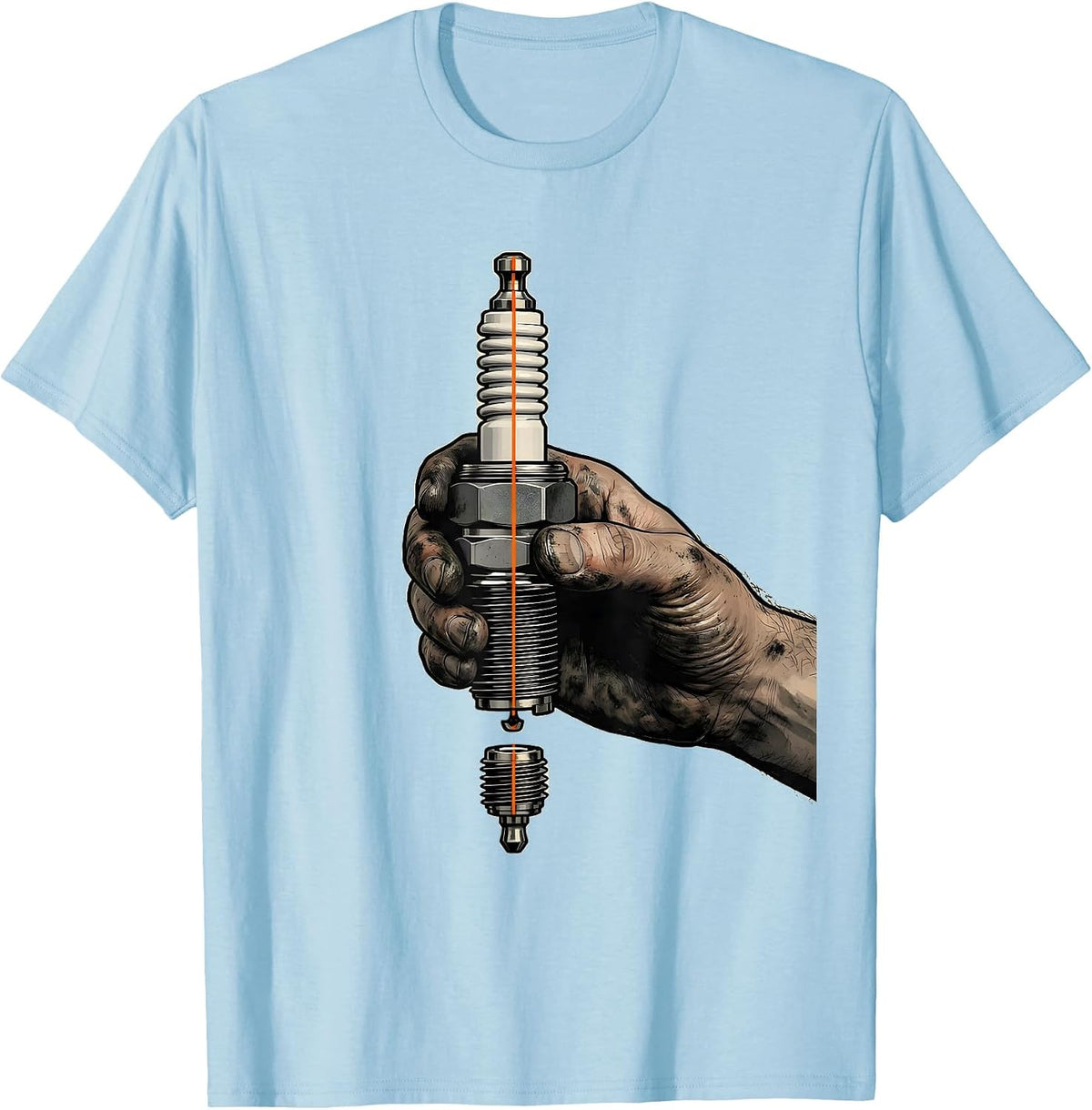 Men's Mechanic Grease Hand Spark Plug Graphic Tee T-Shirt - Baby Blue