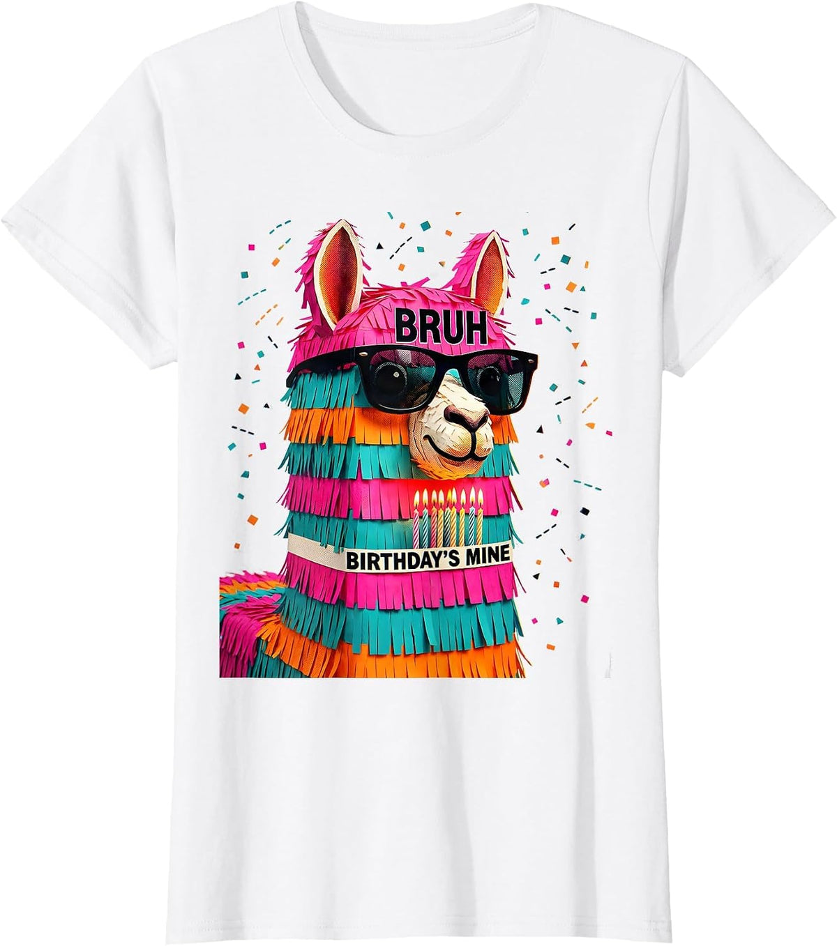 Bruh Birthday's Mine Risograph Llama Pinata Party Humor T-Shirt - White