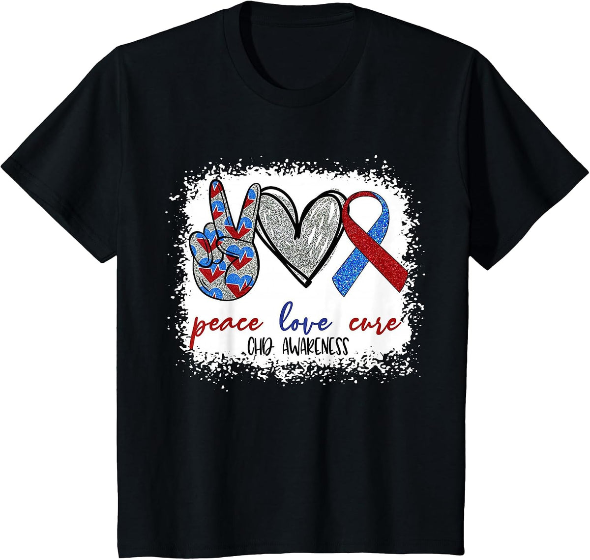 Red & Blue Peace Love Cure CHD Awareness Month Heart Warrior T-Shirt - Black