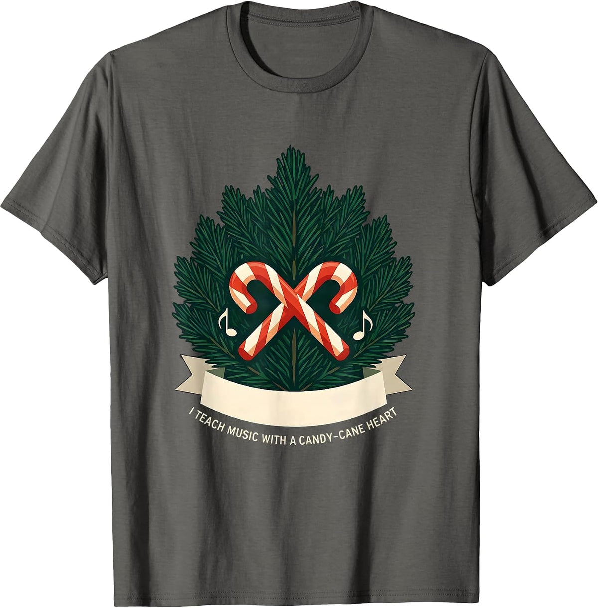 Men's I Teach Music With A Candy-Cane Heart Christmas Teacher T-Shirt - Asphalt Grey