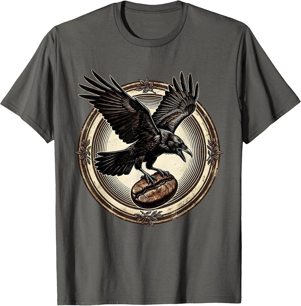 Raven in Flight Clutching Coffee Bean Art T-Shirt - Asphalt Grey