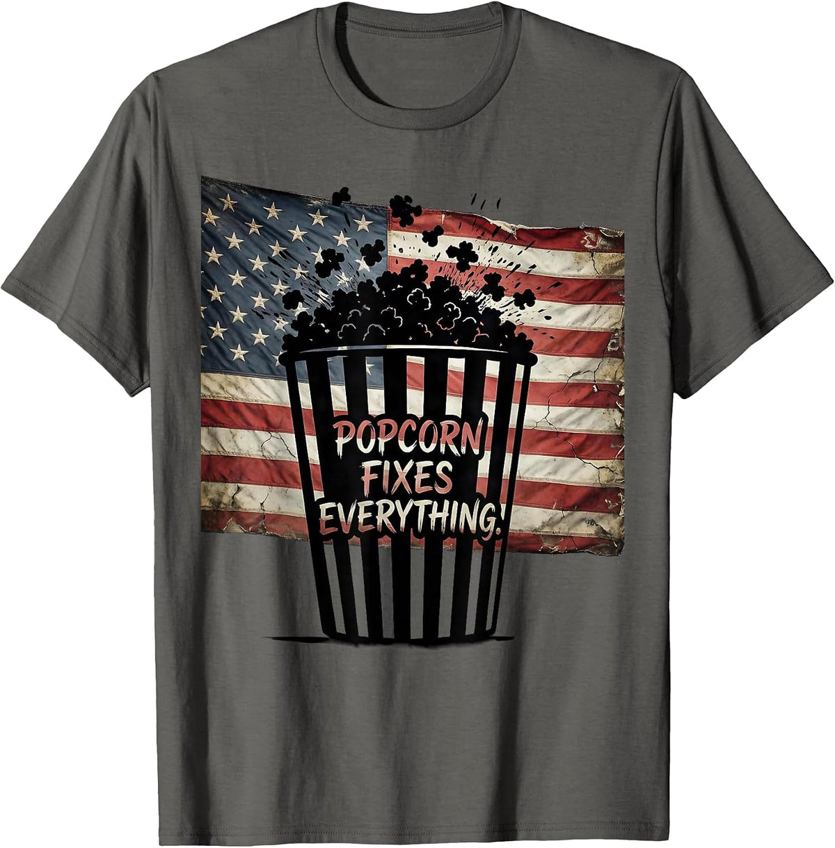 Men's Popcorn Fixes Everything Funny Snack Lover Design T-Shirt - Asphalt Grey