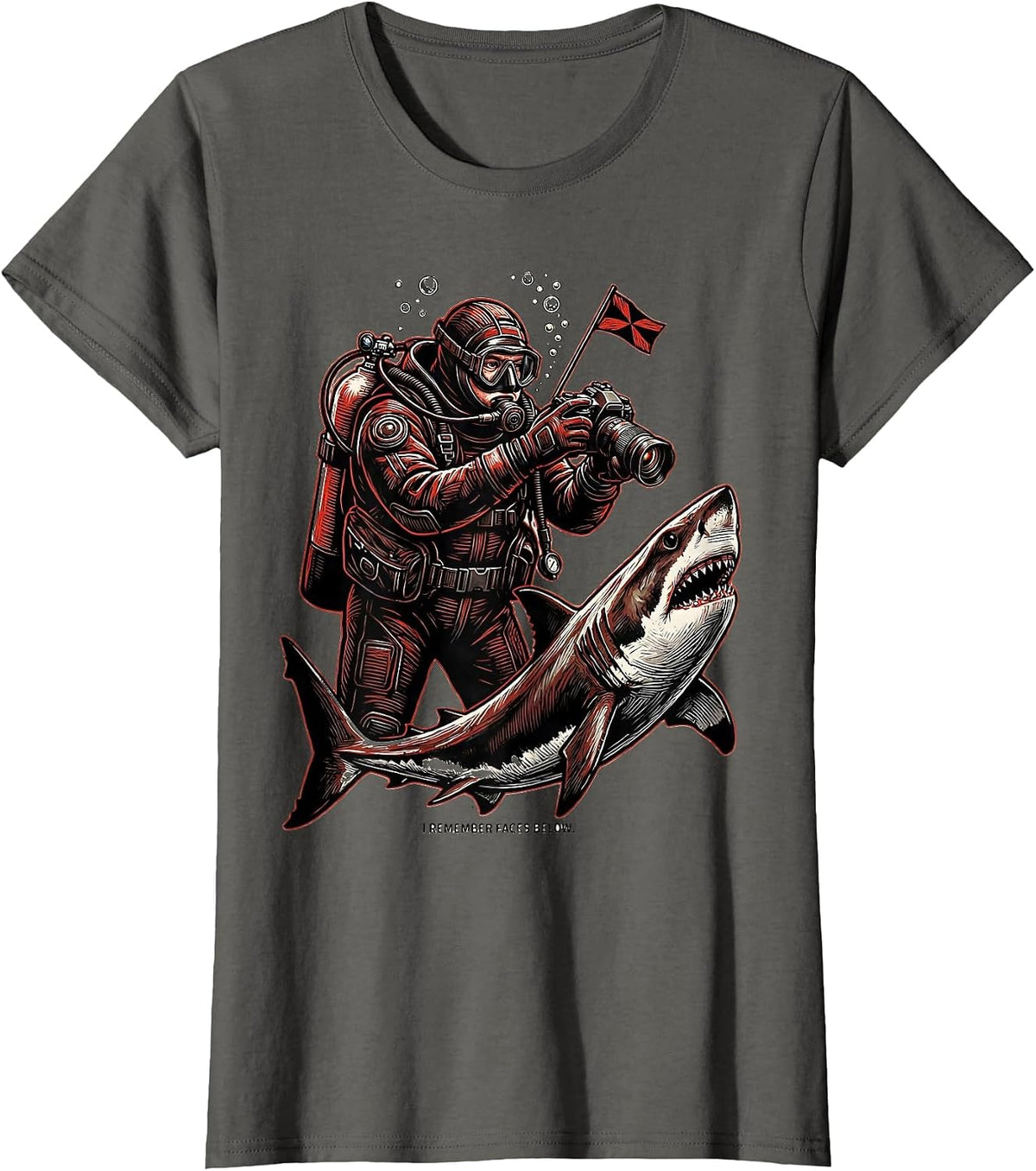 Women's I Remember Faces Below Linocut Scuba Diver Gift Christmas T-Shirt - Asphalt Grey