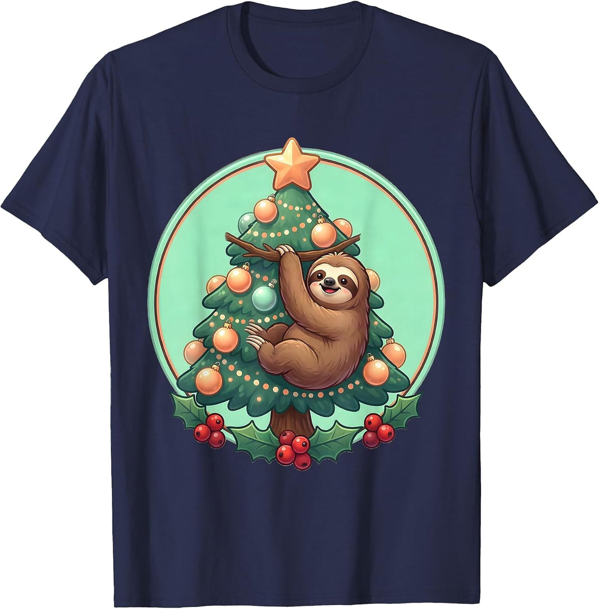 Men's Funny Sloth Hanging on Christmas Tree Holiday T-Shirt - Navy Blue