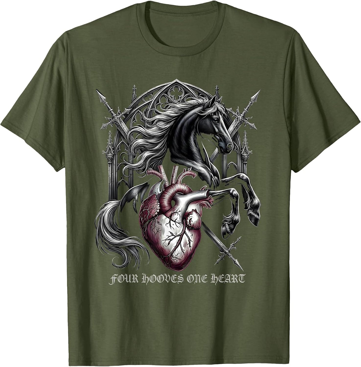 Four Hooves One Heart Equestrian Design T-Shirt - Olive Green
