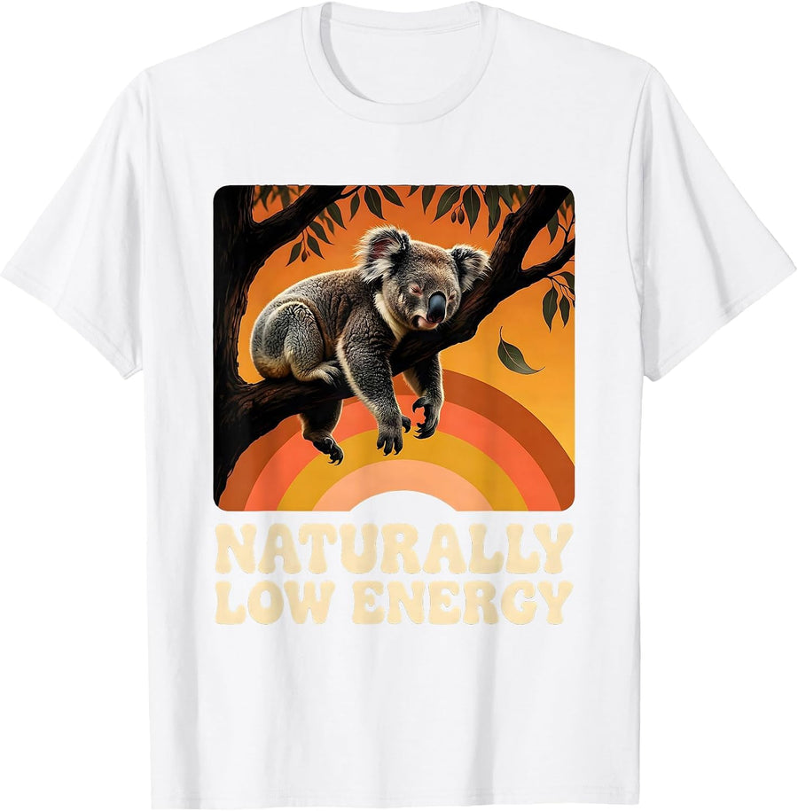Men's Naturally Low Energy Retro 70s Koala Lover Funny Animal T-Shirt - White