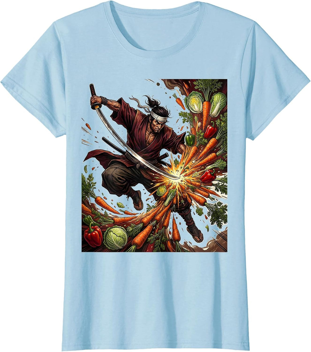 Samurai Chef Warrior Slicing Vegetables Art T-Shirt - Baby Blue