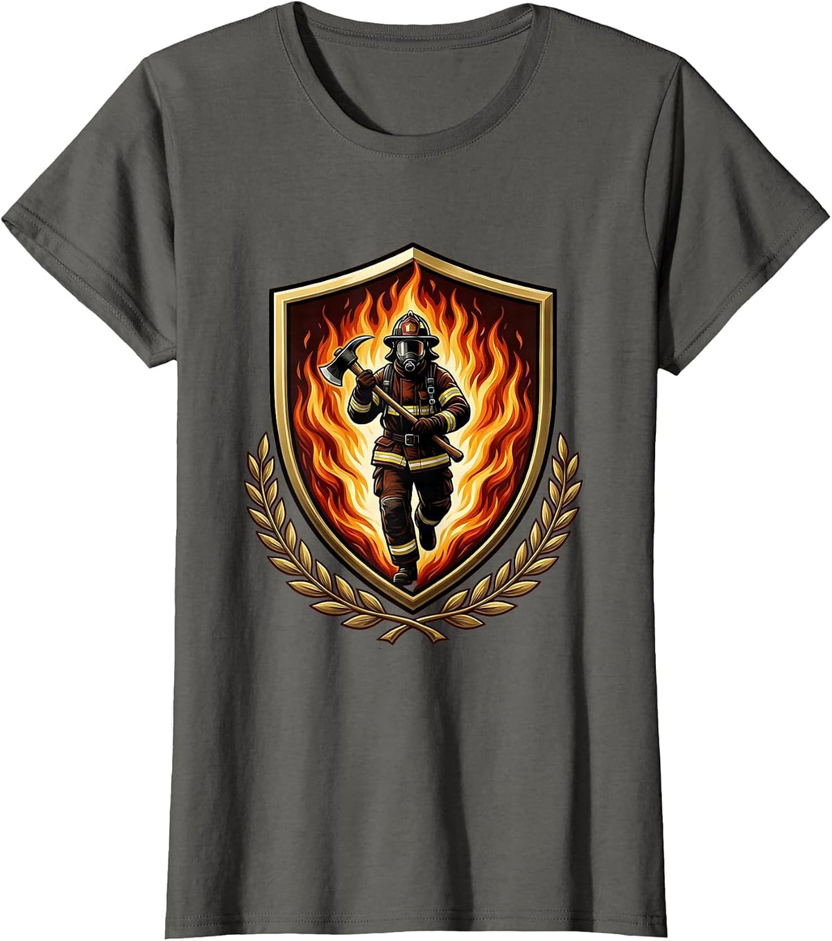 Women's Firefighter Silhouette Emerging From Wall of Flames T-Shirt - Asphalt Grey