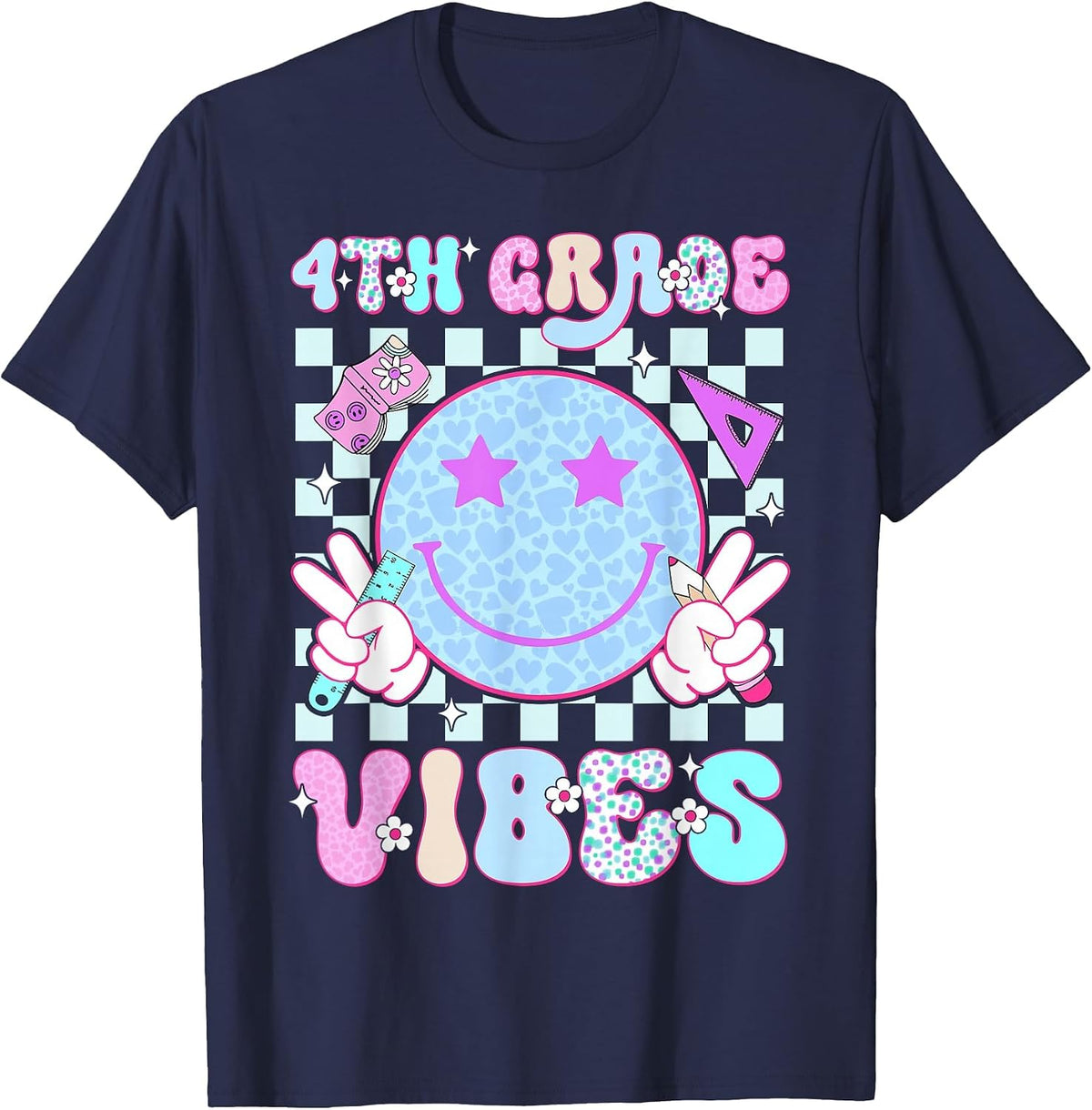 4th Fourth Grade Vibes Smile Face Back to School Teacher T-Shirt - Navy Blue