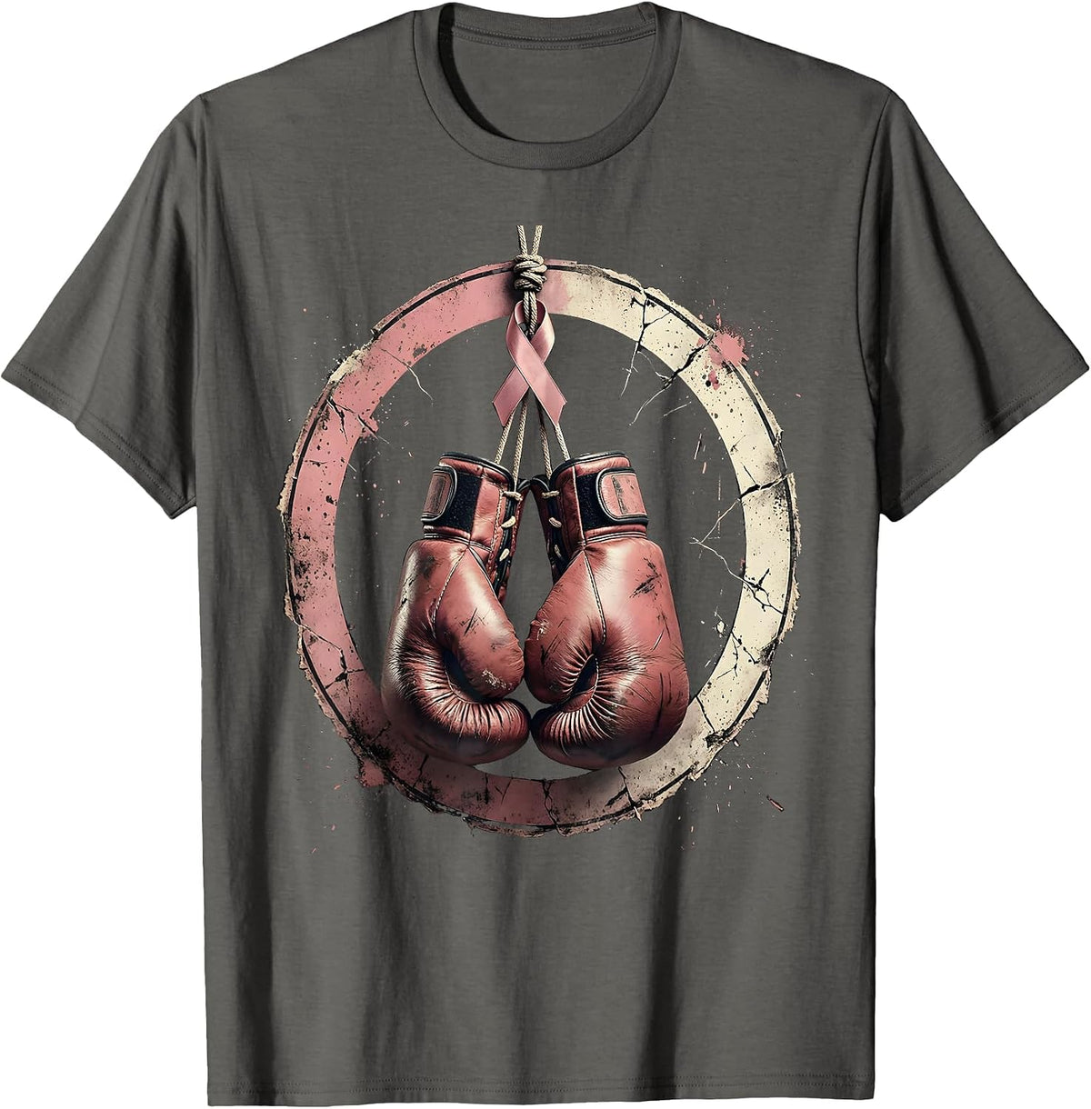 Men's Pink Ribbon Boxing Gloves Breast Cancer Awareness T-Shirt - Asphalt Grey