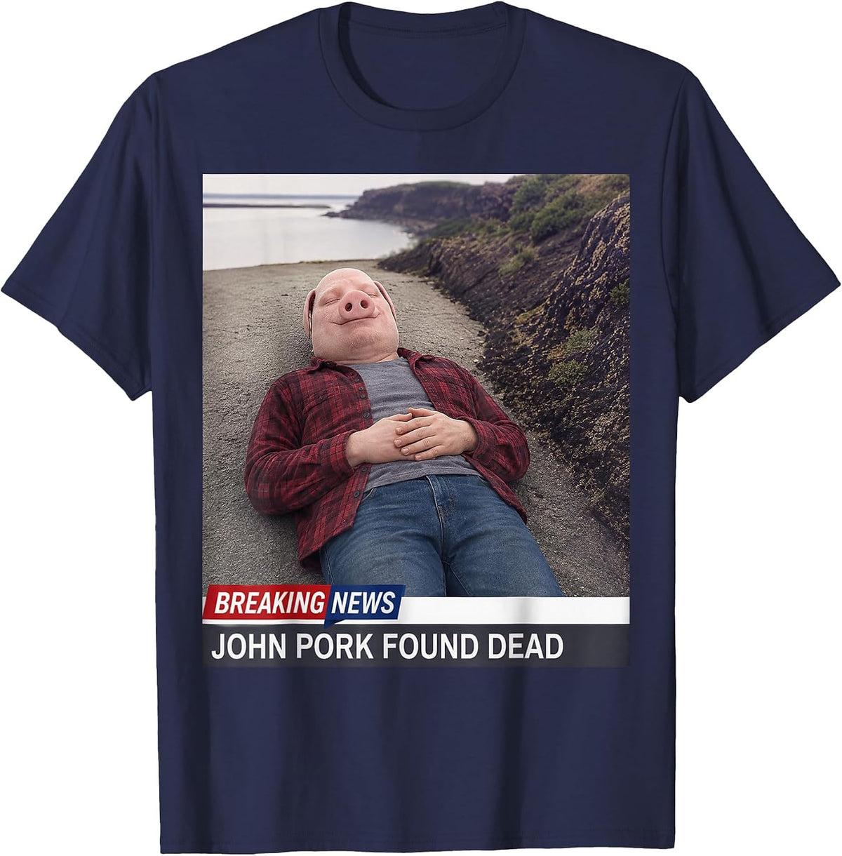 John Pork Found Dead Breaking News Meme Brainrot Pig T-Shirt - Navy Blue