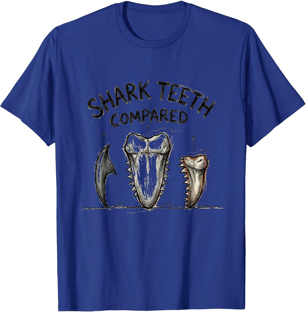 Shark Teeth Compared Hand Sketched Marine Biology Humor T-Shirt - Royal Blue