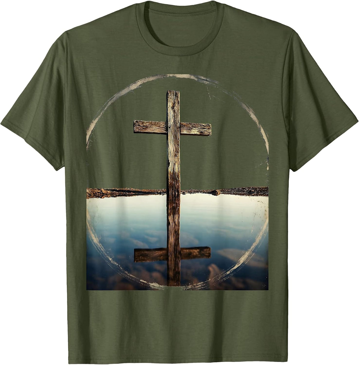 Lone Cross Reflection Christian Faith Design T-Shirt - Olive Green