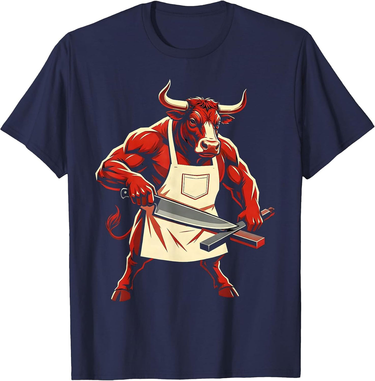 Bull Chef Apron Knife Sharpening Graphic T-Shirt - Navy Blue