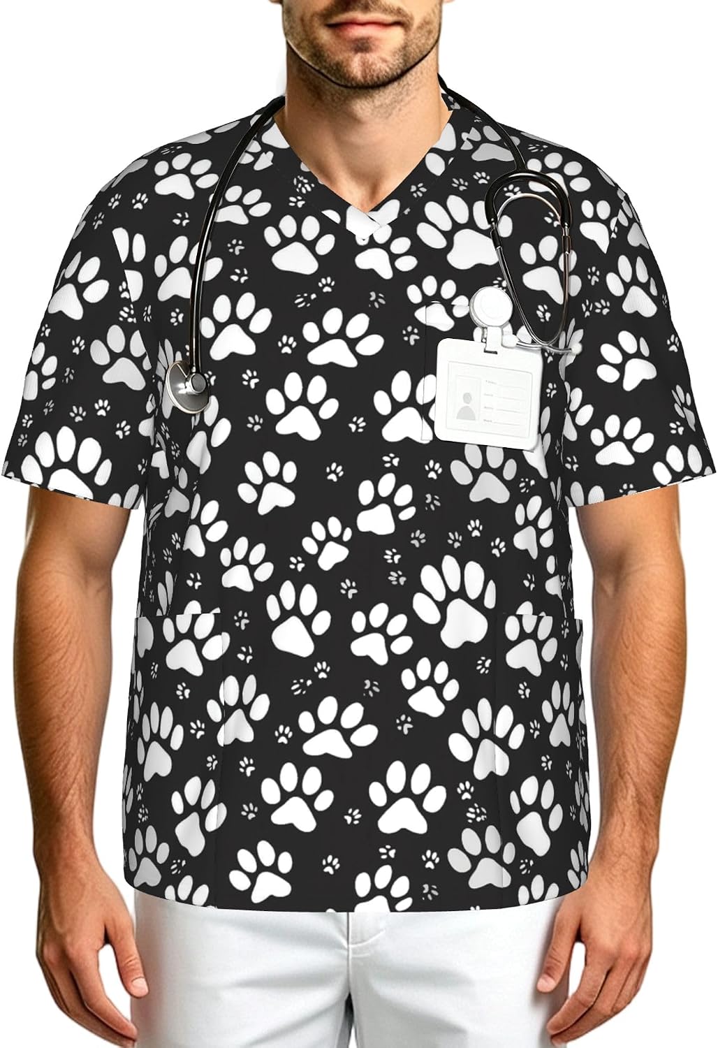 Men's Scrub Top,V-Neck Spill Wrinkle Resistant,3 Pockets-Dog Paw Pattern (3) - As Pictured