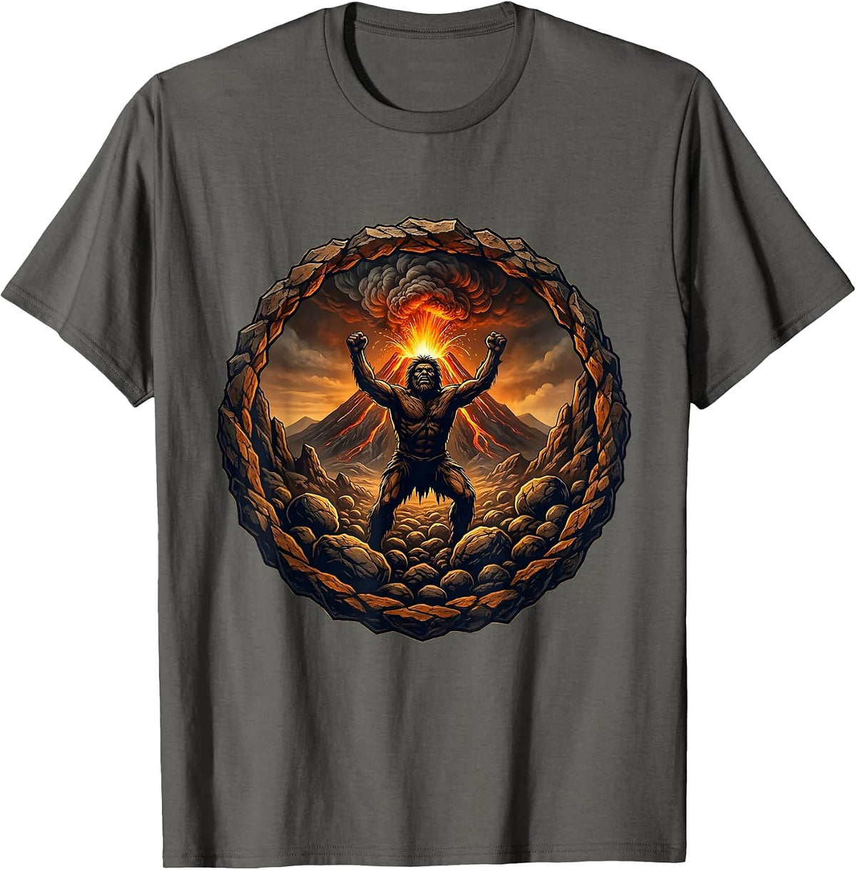 Cave Person Silhouette Volcanic Eruption Design T-Shirt - Asphalt Grey