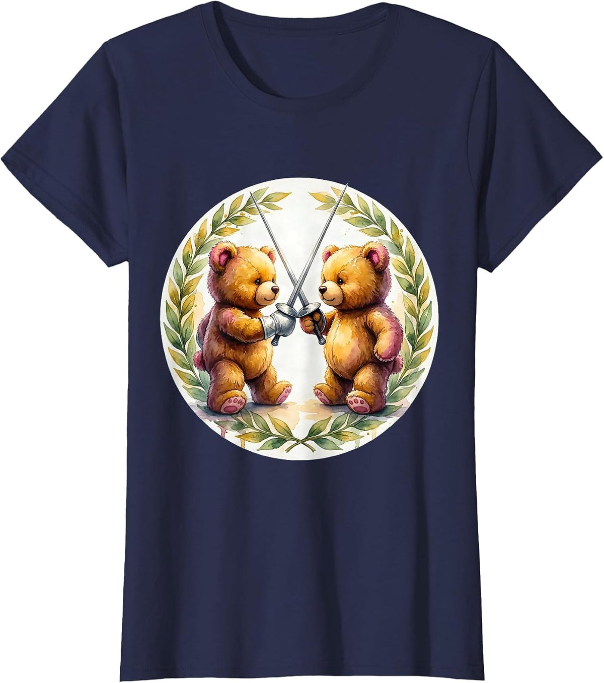 Women's Teddy Bears Fencing Duel Graphic Tee T-Shirt - Navy Blue