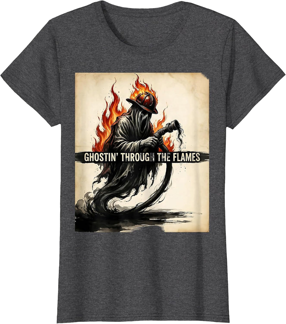 Women's Halloween Firefighter Ghost Ghostin Through the Flames T-Shirt - Dark Heather Grey