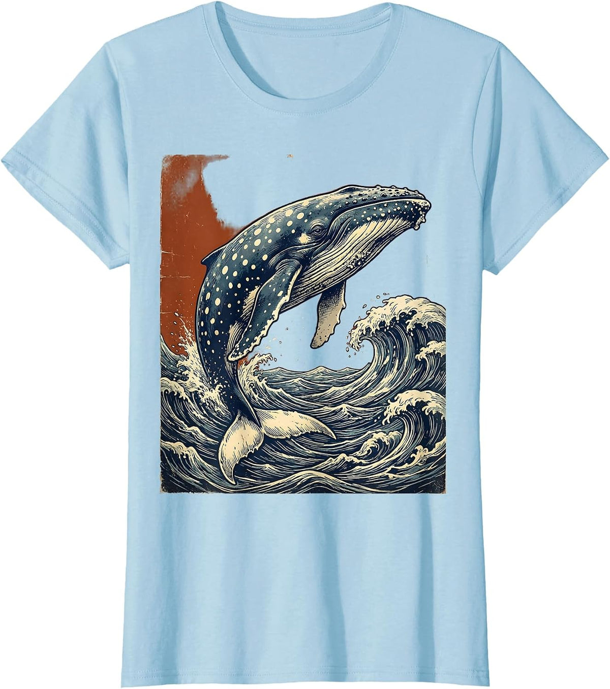 Polka Dot Whale Diving Into Ocean Waves T-Shirt - Baby Blue