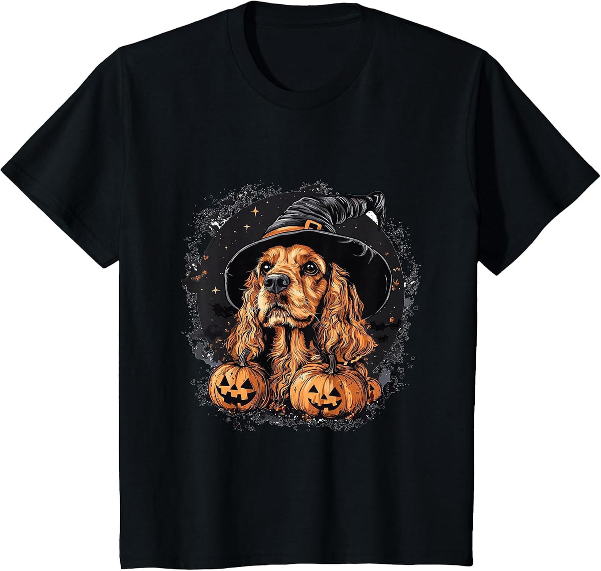 Cocker Spaniel Dog Whitch Hat Halloween Pumpkin Spooky Happy T-Shirt - Black