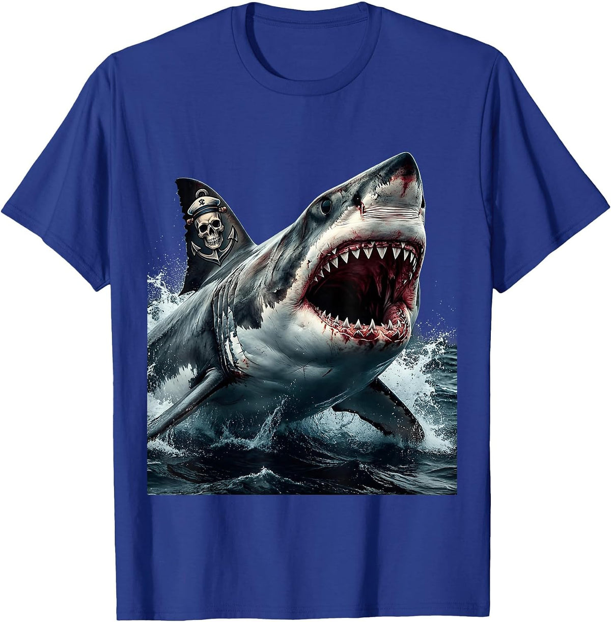 Shark With Anchor Tattoo Dorsal Fin Art T-Shirt - Royal Blue