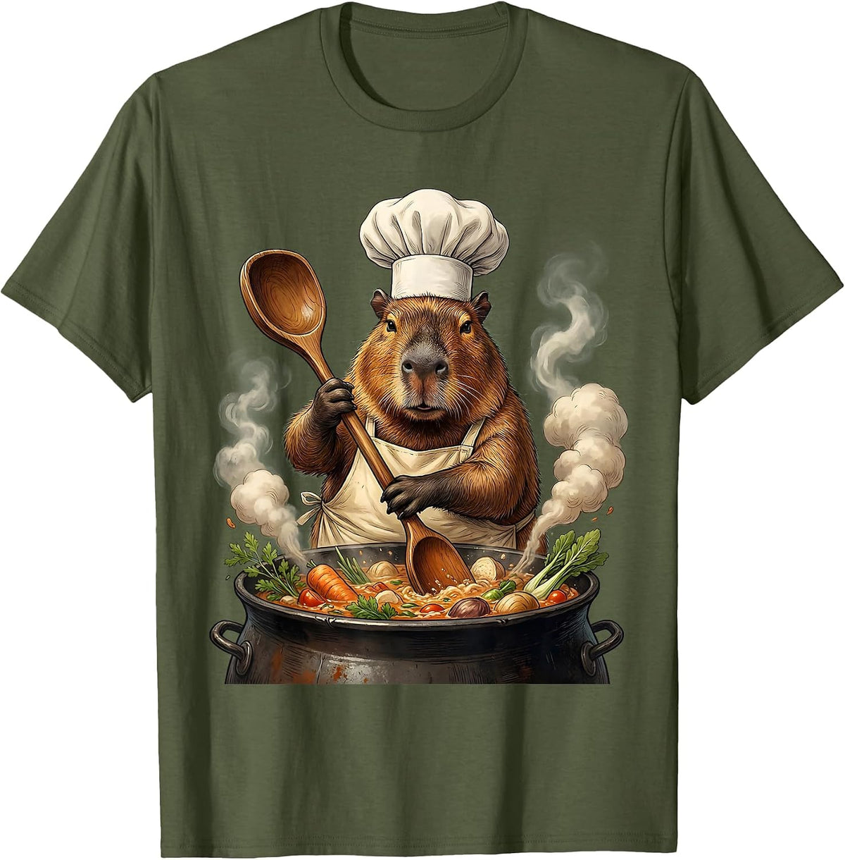Capybara Chef Stirring Giant Pot Funny Foodie T-Shirt - Olive Green