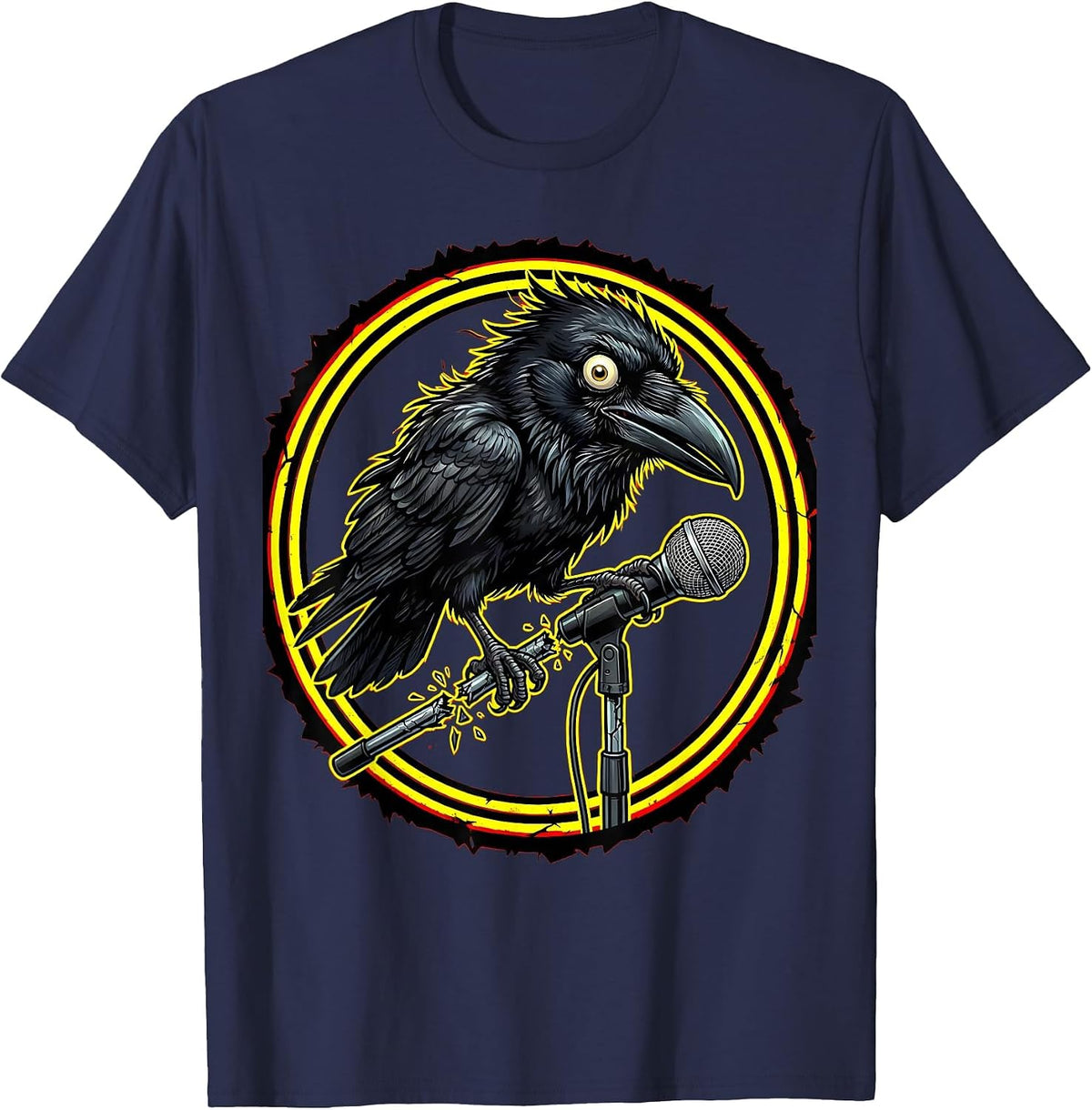 Crow on Broken Mic Stand Punk Rock Graphic T-Shirt - Navy Blue