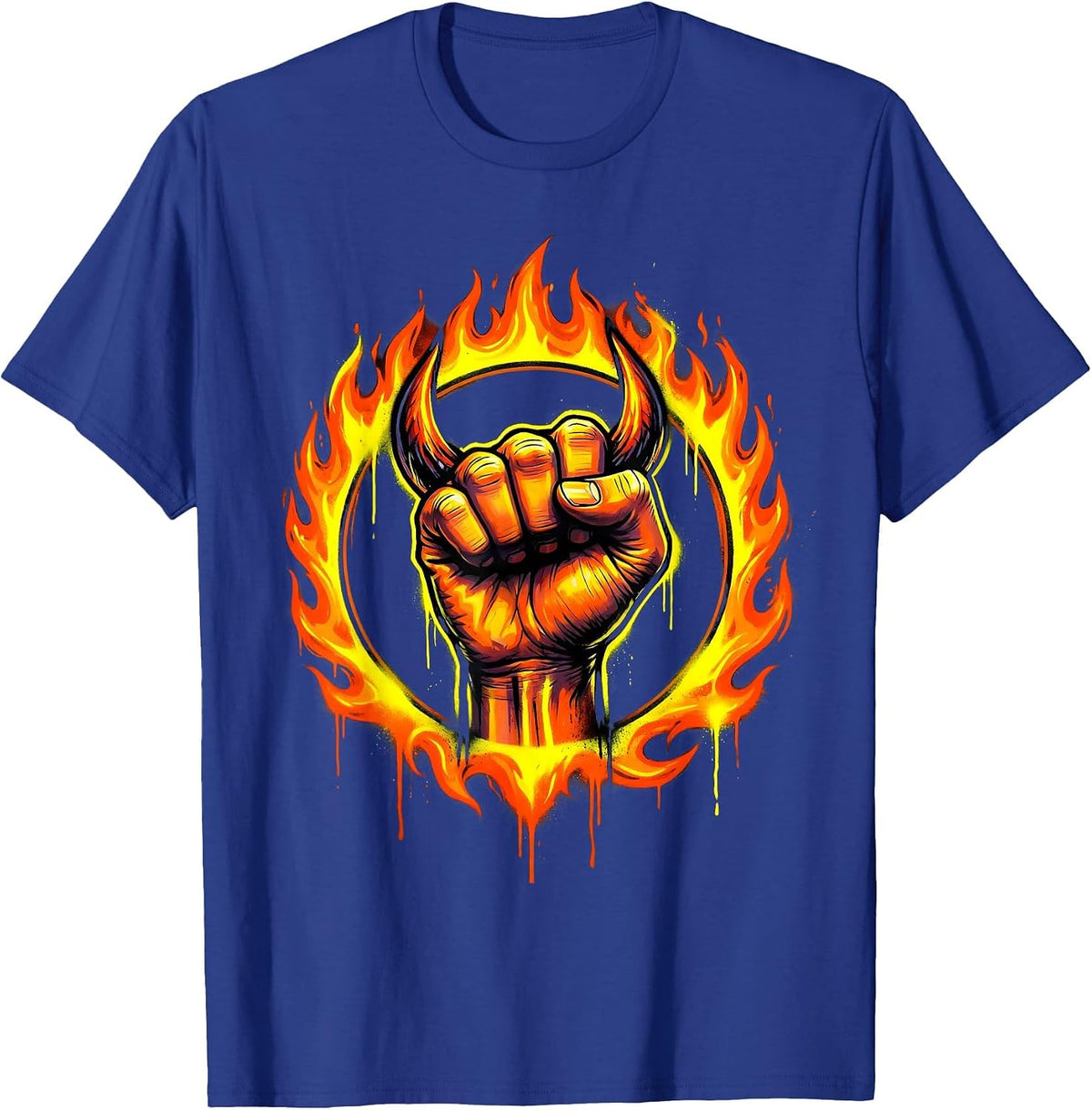 Devil Horns Ring of Fire Rock and Roll Graphic T-Shirt - Royal Blue