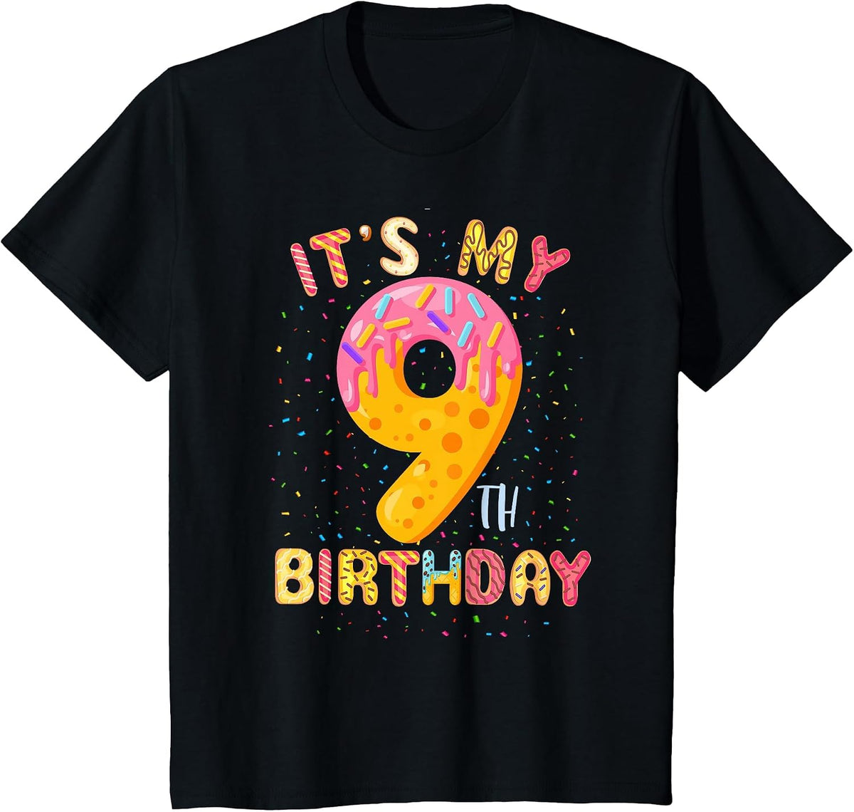 It's My 9th Birthday Sweet Doughnut 9 Year Old Girl T-Shirt - Black