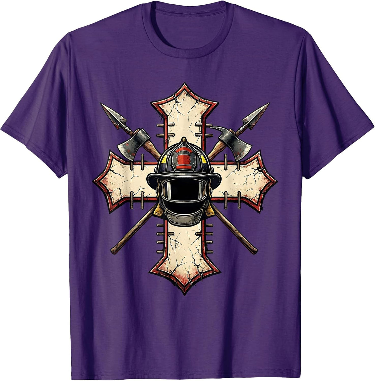 Men's Distressed Firefighter Cross Helmet Axe Ladder Gear T-Shirt - Purple