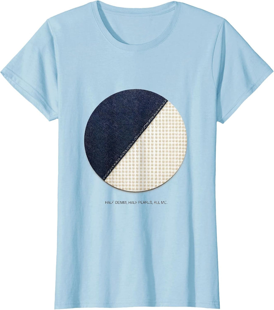 Women's Half Denim Half Pearls All Me Glam Vintage-Like Everyday Top T-Shirt - Baby Blue