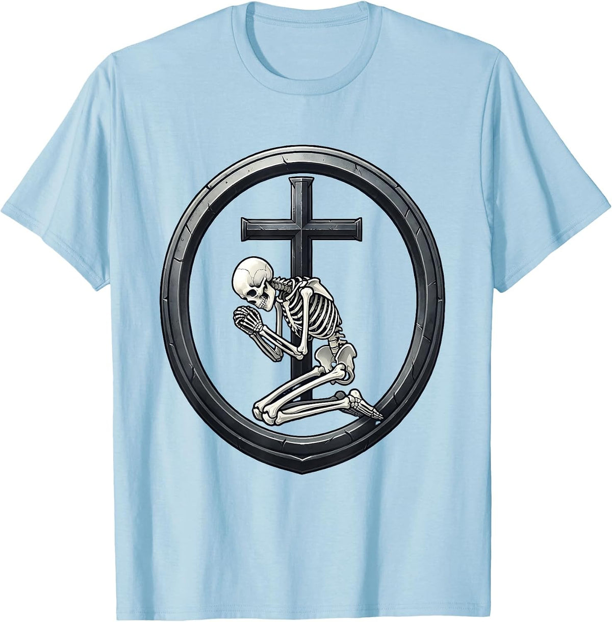 Men's Skeleton Kneeling Before Iron Cross Gothic Art T-Shirt - Baby Blue
