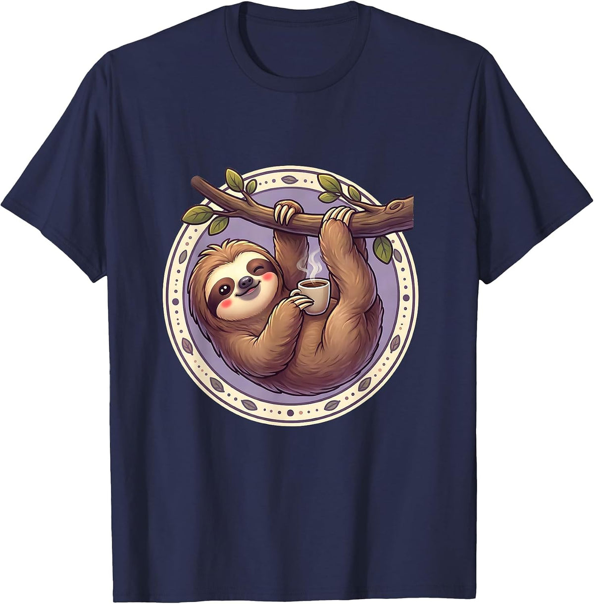 Men's Funny Sloth Hanging With Coffee Graphic Tee T-Shirt - Navy Blue