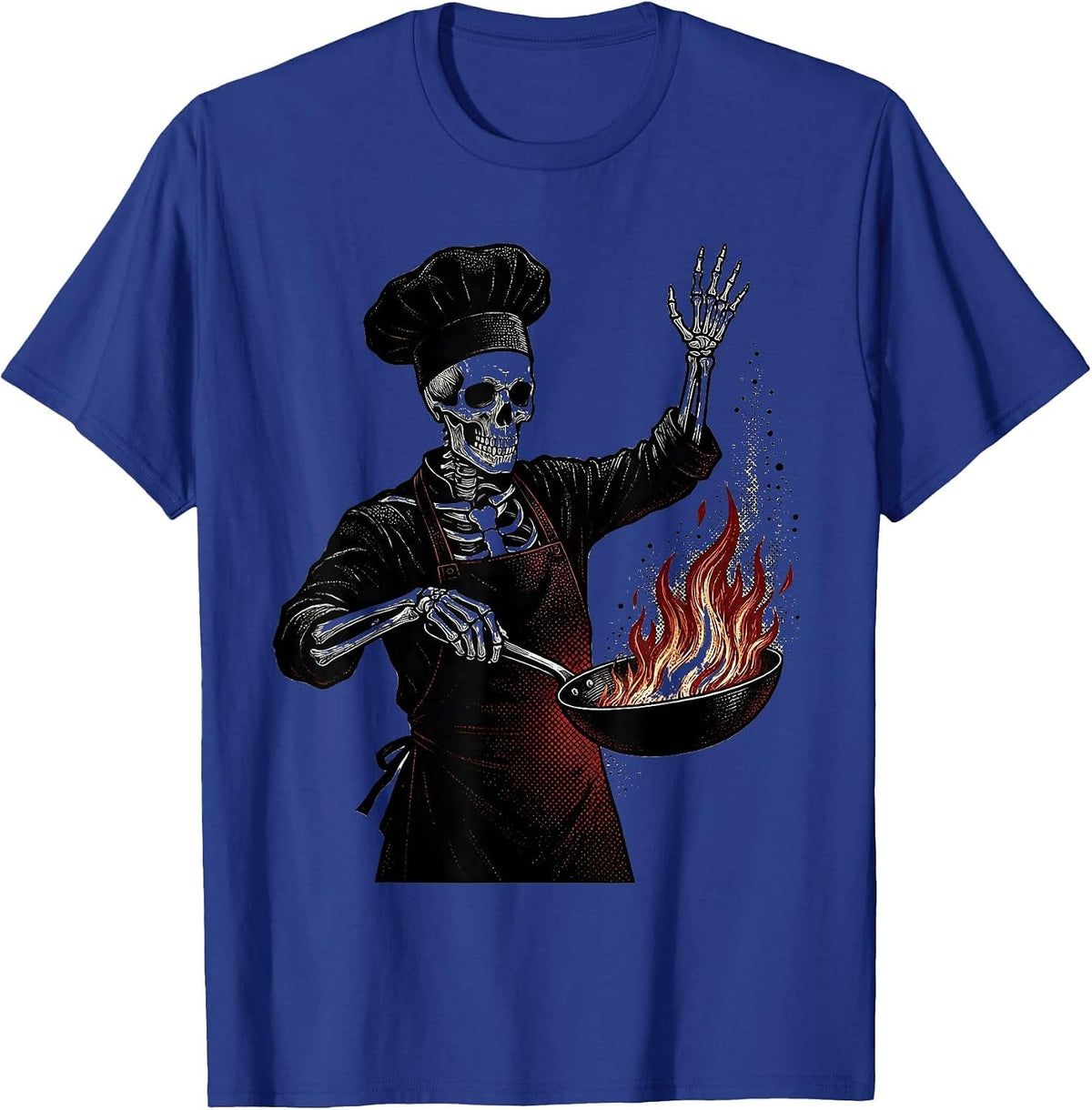 Skeleton Chef Flaming Skillet Cooking Graphic T-Shirt - Royal Blue