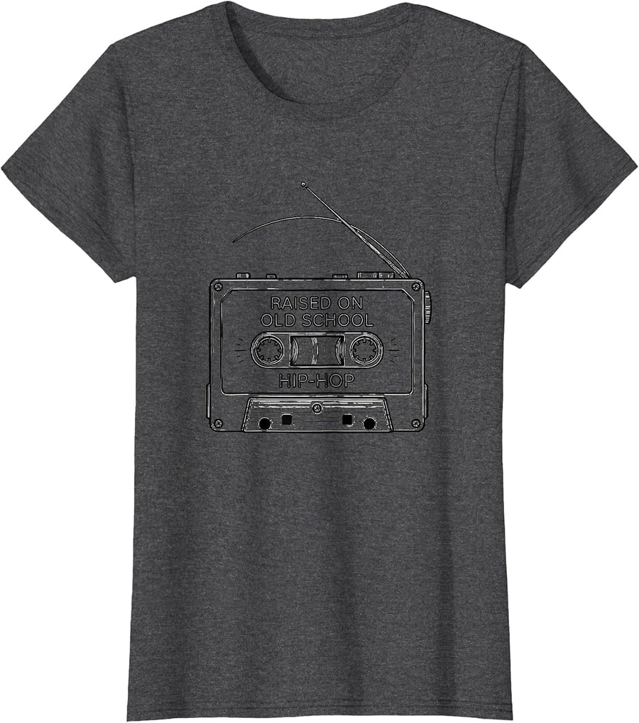 Women's Raised On Old School Hip-Hop Vintage Retro 90s Rap Music Fan T-Shirt - Dark Heather Grey