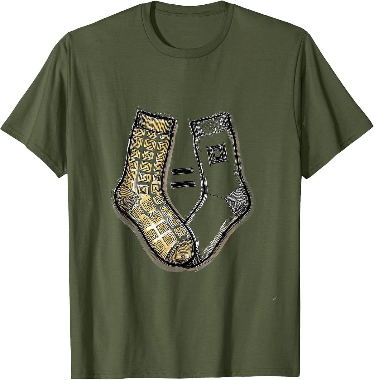 Men's Hand-Sketched Mismatched Socks Subtraction Math Teacher T-Shirt - Olive Green