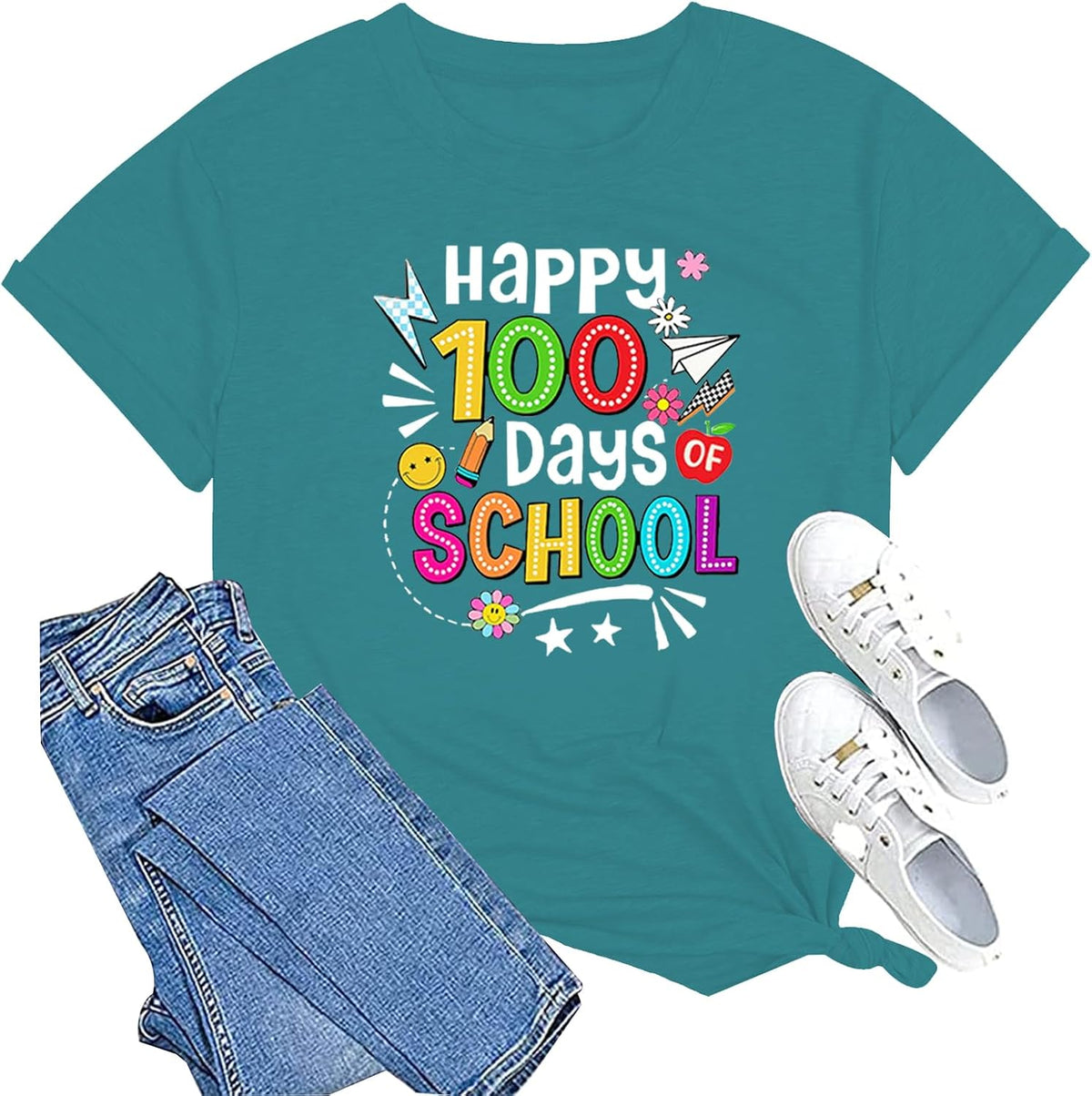 100 Days of School Shirt Women Teacher School Days T-Shirt Women Casual Teacher Life Tee Tops - Cyan-2