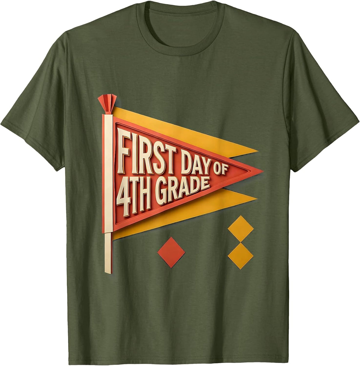 First Day of 4th Grade Paper Cutout Back to School Pennant T-Shirt - Olive Green