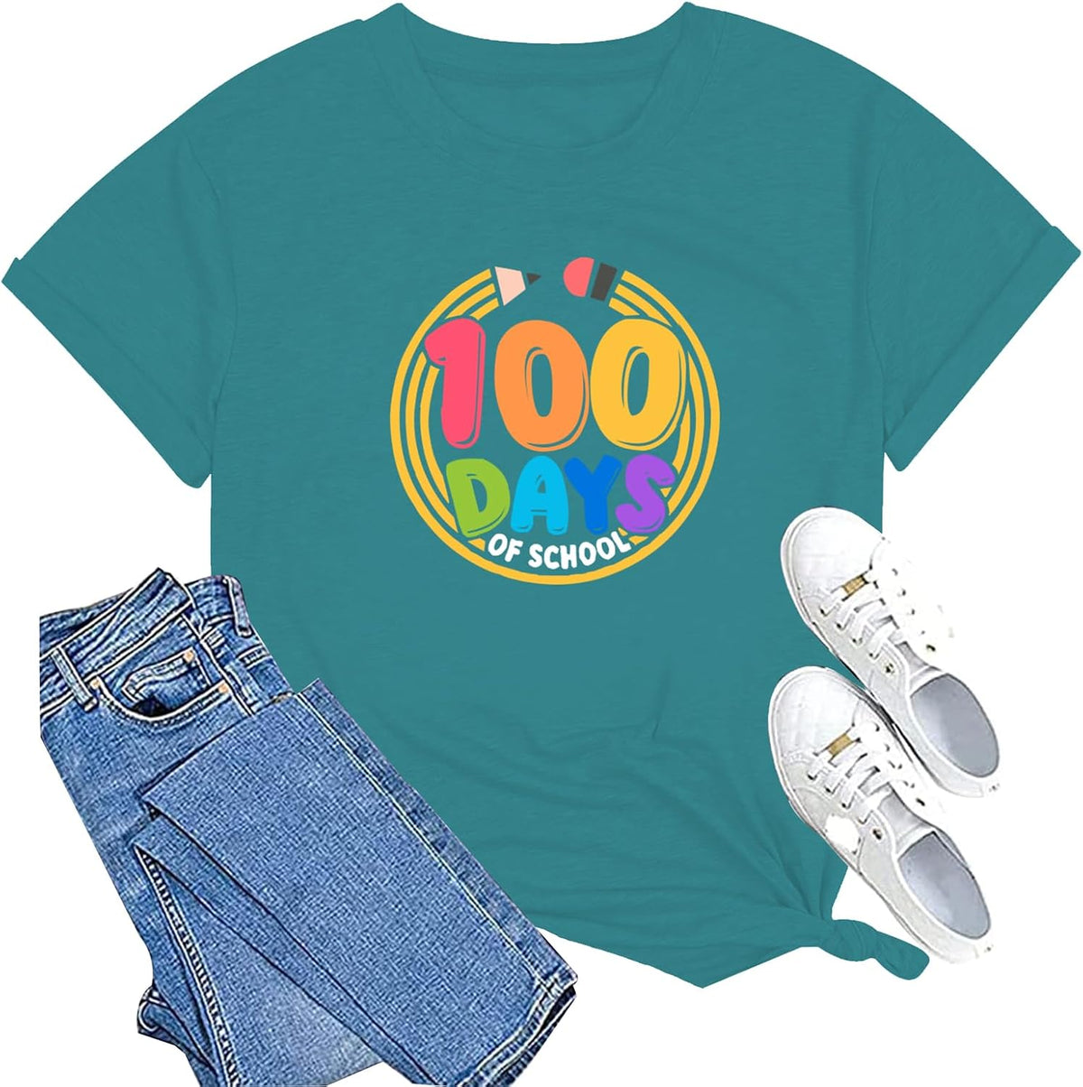 100 Days of School Shirt Women Teacher School Days T-Shirt Women Casual Teacher Life Tee Tops - Cyan