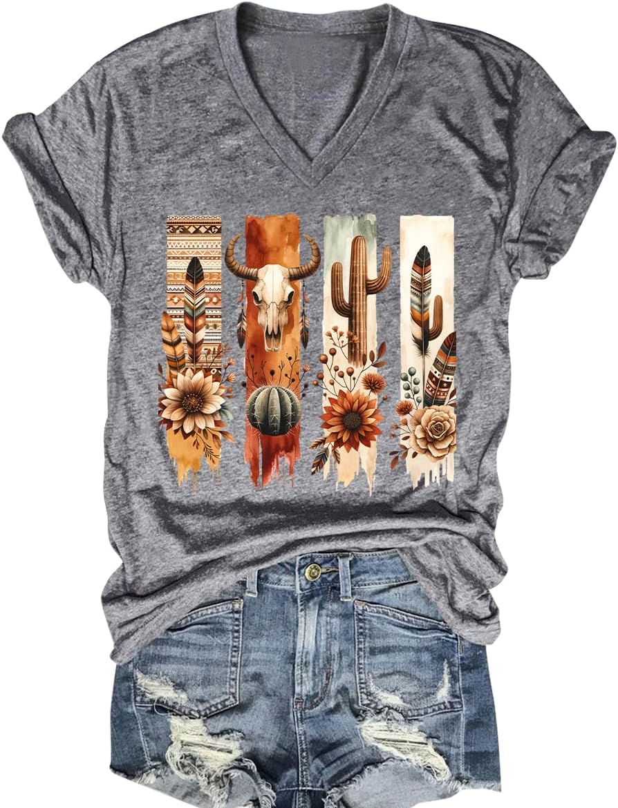 Vintage Western Rodeo Graphic Tee Short Sleeve Tops Western Cow Skul Tees - C-grey