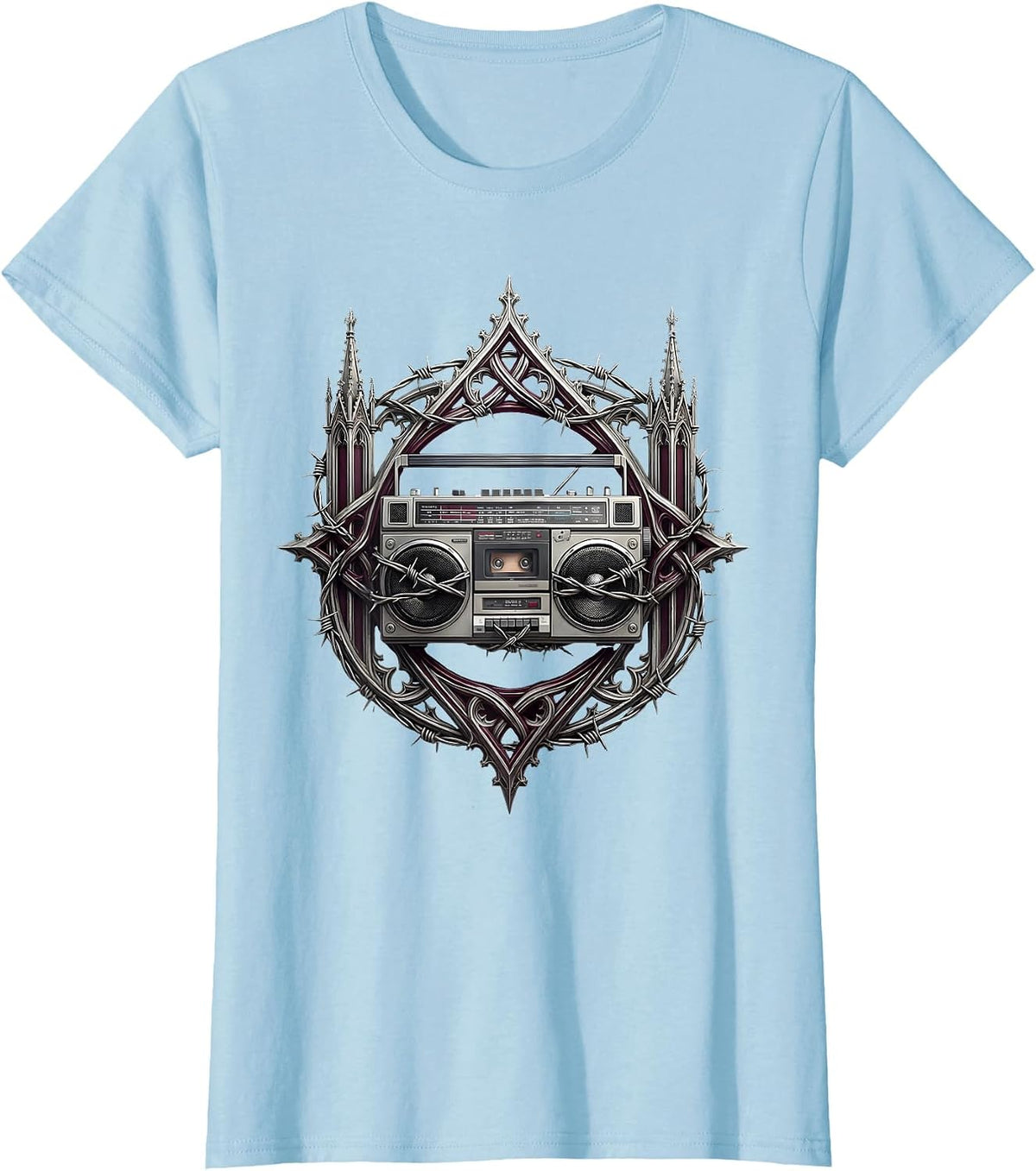 Vintage Boom Box Barbed Wire Punk Graphic T-Shirt - Baby Blue