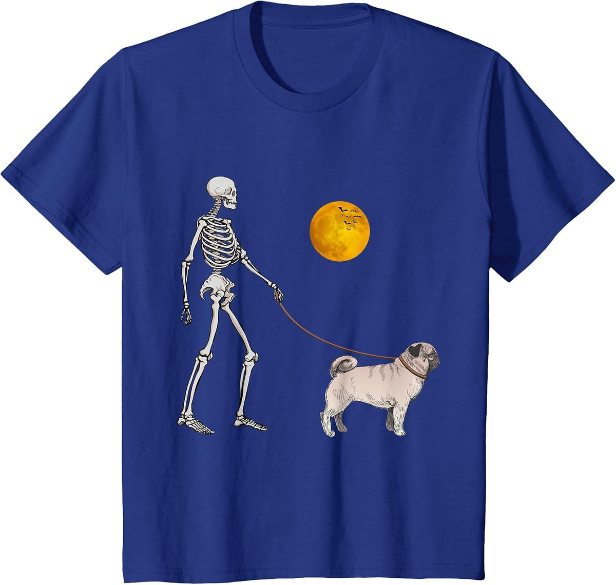 Pug Skeleton Dog Walking Halloween Costume T-Shirt - Royal Blue