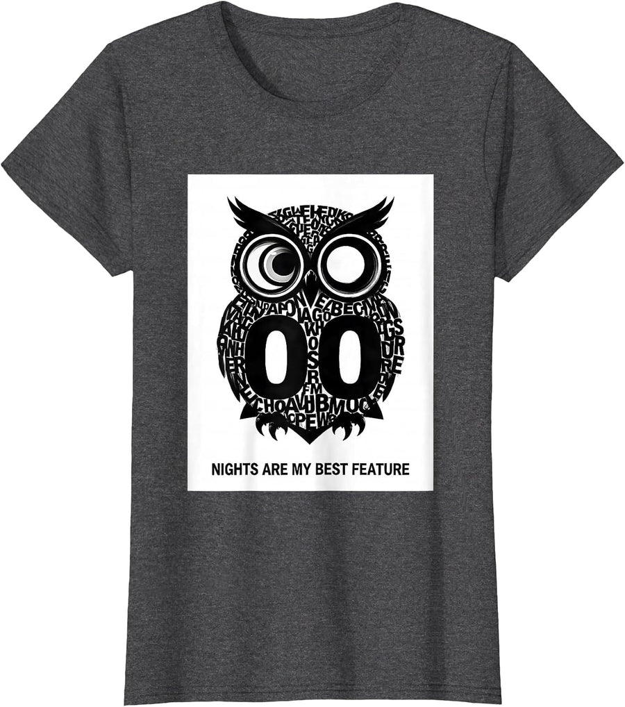 Women's Nights Are My Best Feature Funny Owl Lover Retro Humor T-Shirt - Dark Heather Grey