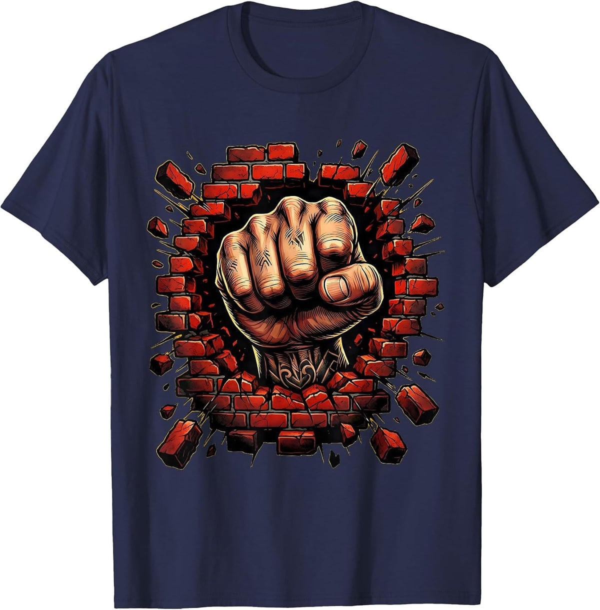 Punk Fist Through Brick Wall Graphic Design T-Shirt - Navy Blue