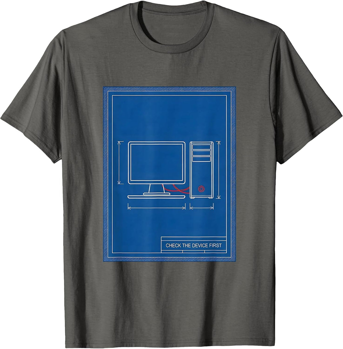 Check The Device First Technical Blueprint IT Support Humor T-Shirt - Asphalt Grey