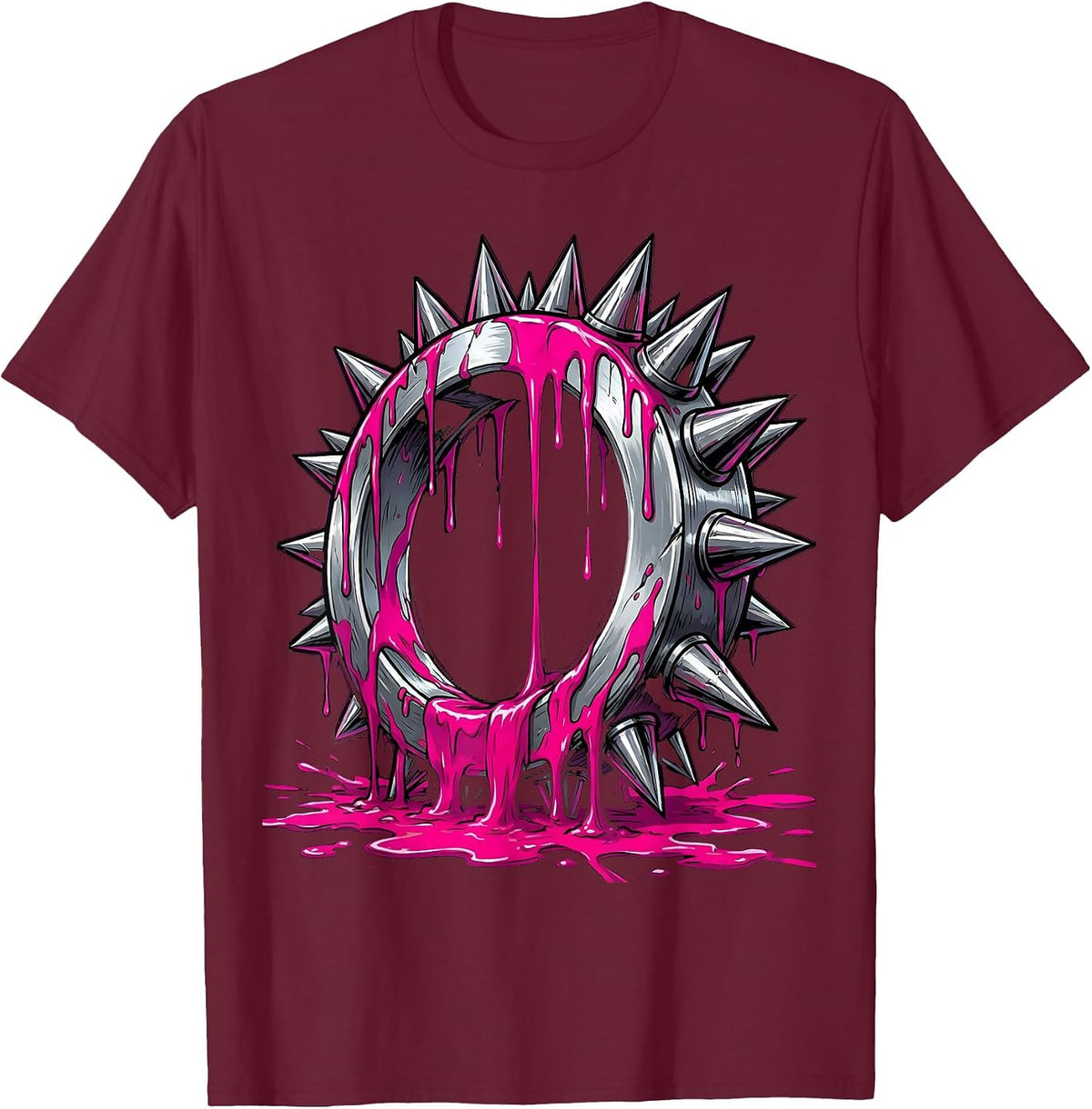 Punk Rock Spiked Knuckle Duster Paint Drip Art T-Shirt - Burgundy