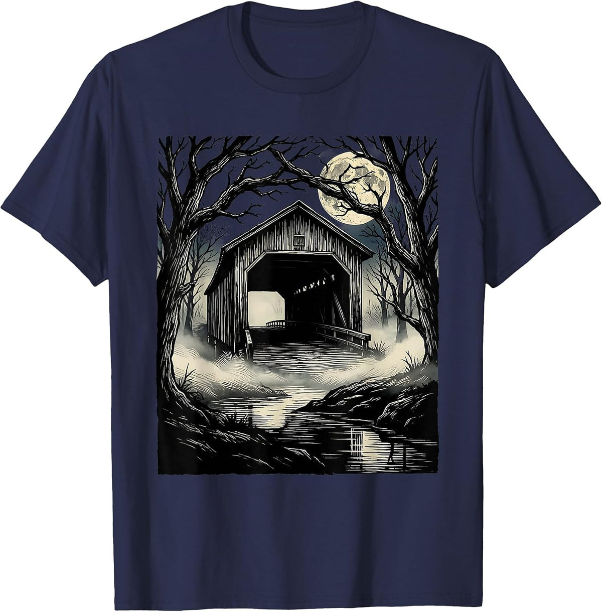 Sleepy Hollow Covered Bridge Midnight Fog T-Shirt - Navy Blue