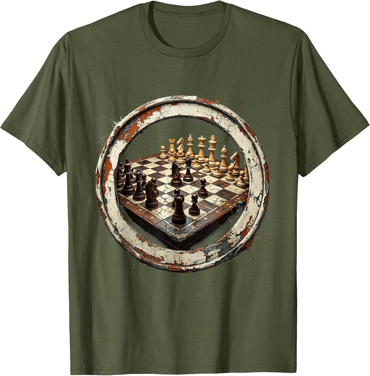Retired Chess Player Mid-Game Board Illustration T-Shirt - Olive Green