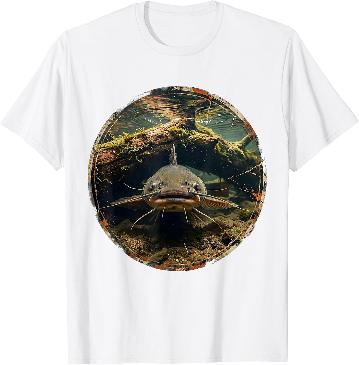 Men's Catfish Under Sunken Log Fishing Graphic T-Shirt - White